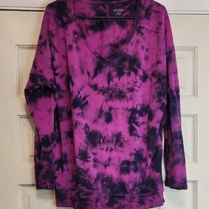 Calvin Klein Purple and Black Tie-Dye V-Neck Long Sleeve T Shirt Like Top